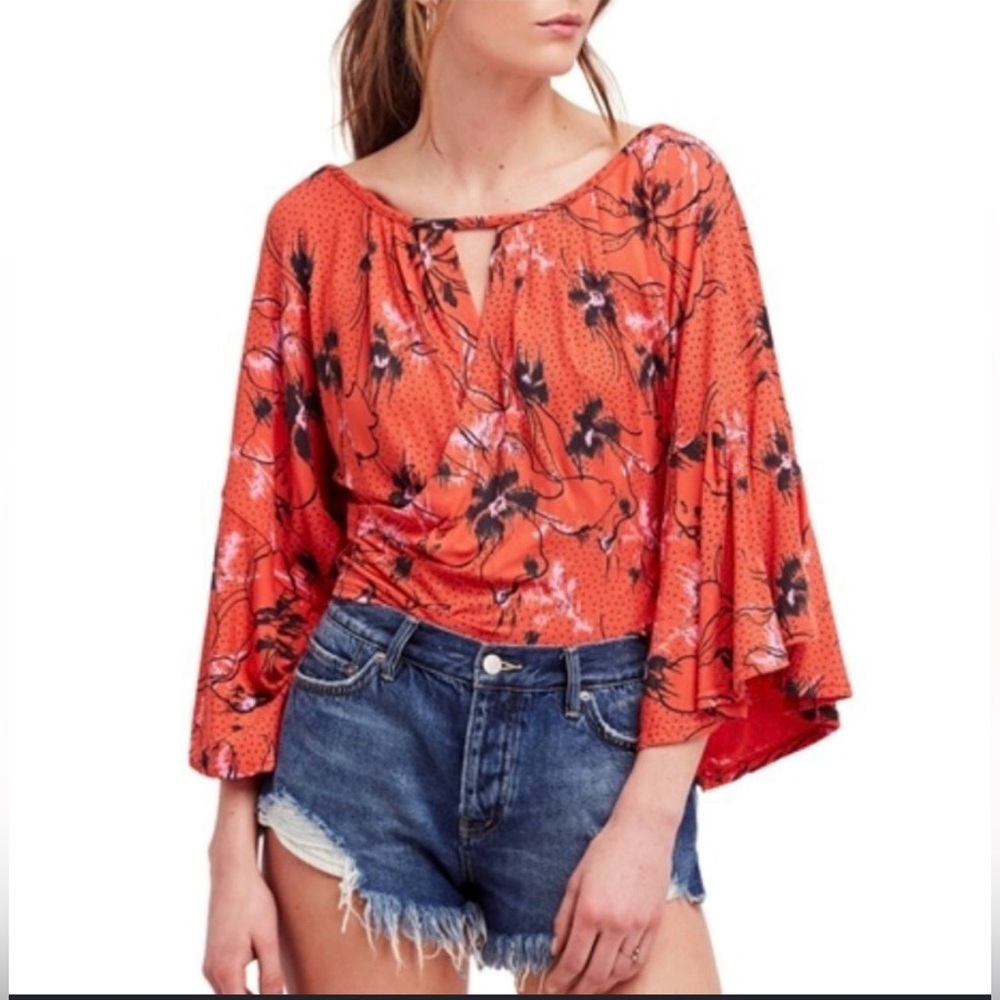 Free People Last Time draped bell sleeve floral cropped top Small